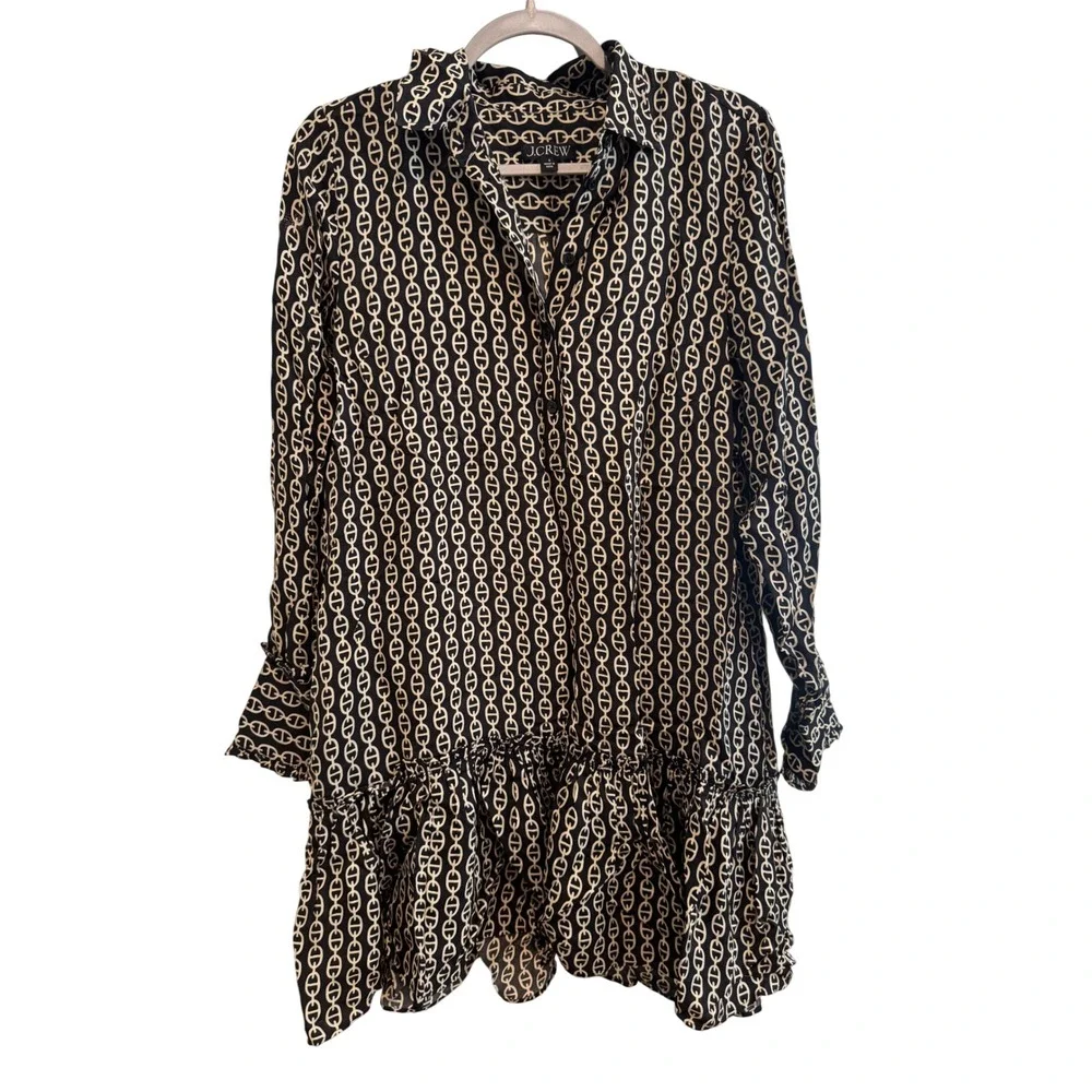 J.Crew Women's Shirt Dress Chain Print Long Sleeve Ruffle Hem E1‎